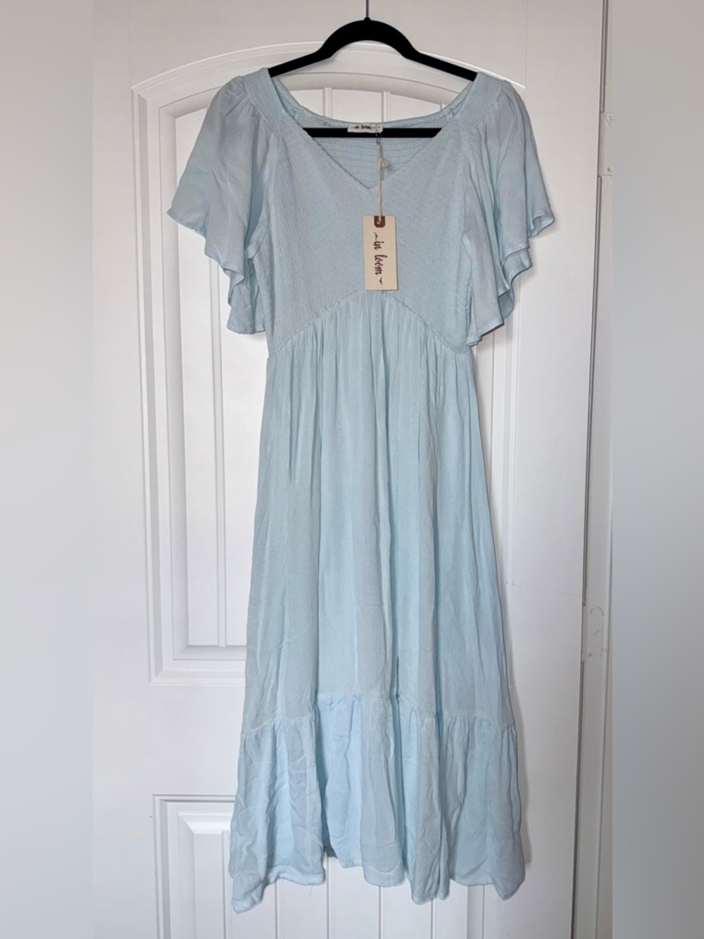 Light Blue Flutter-Sleeve Maxi Dress with V-Neck